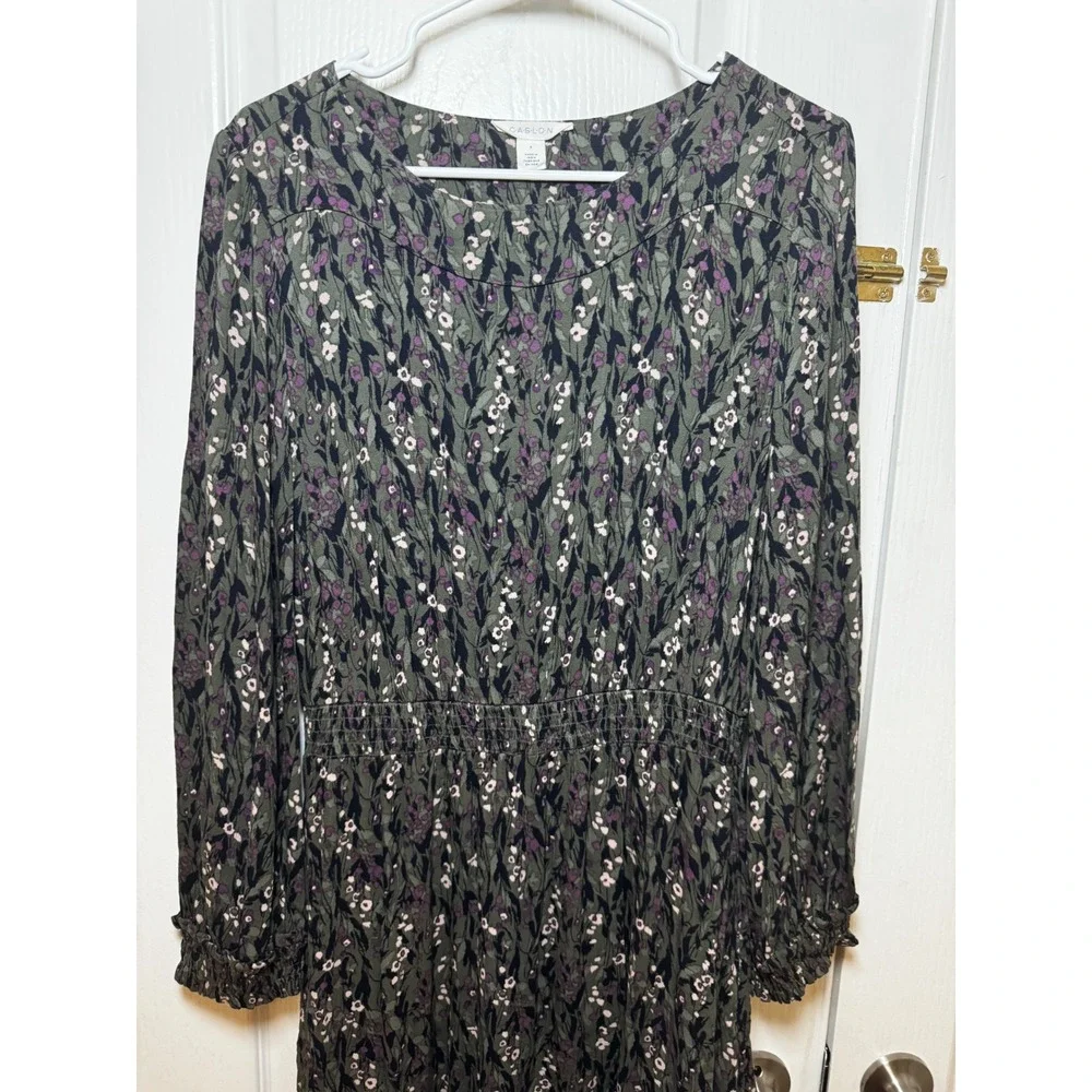 Caslon Womens Green Purple Floral Smocked Waist Long Sleeve Midi Dress Small